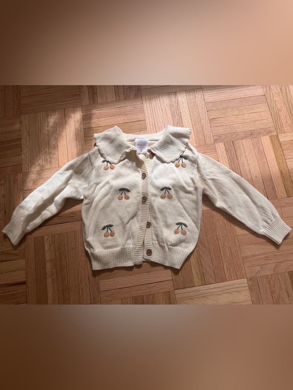 Cream Cherry Embroidered Knit Cardigan - Kids